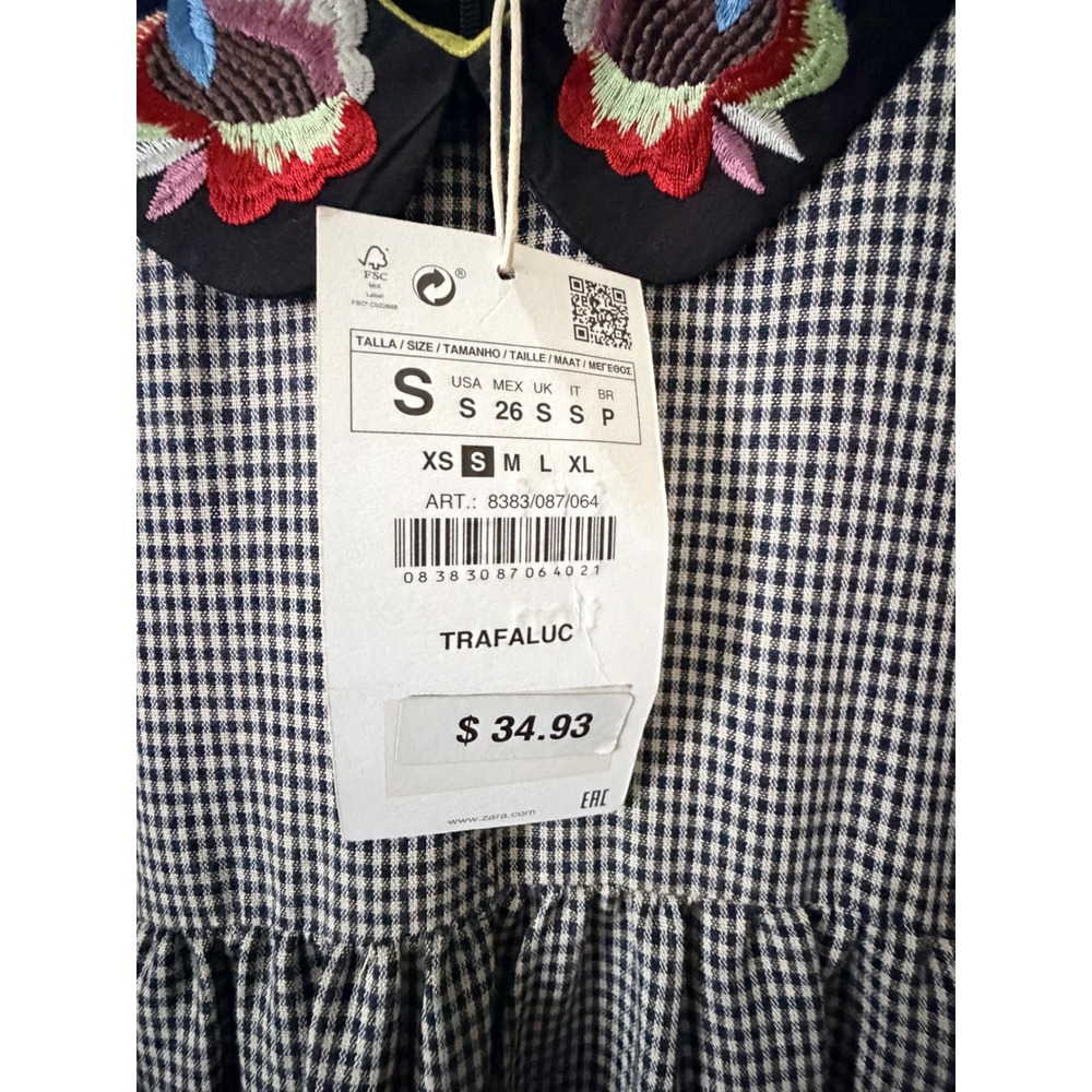 Zara Trafaluc Gingham Embroidered Floral Collar Babydoll Mini Dress Small NWT - Picture 3 of 8